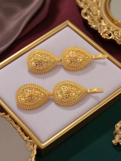 Herseygold 1pc Gold-Plated Water Drop Shaped Hairclip With Arabic Floral Pattern, Middle Eastern Wedding & Festival Headdress For Women