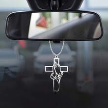 1 pieza Adorno colgante de cruz de acero inoxidable para mujeres, colgante de oración de fe cristiana de acero de titanio, decoración duradera de acero de titanio para colgar en el espejo retrovisor del coche, accesorio de espejo retrovisor del coche con cruz de Jesucristo - A - Ver 2