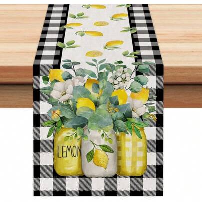 1PC Black Buffalo Check Summer Table Runner, Lemon Vase Spring Farmhouse Country Holiday Runner Kitchen Dining Table Decoration For Indoor And Outdoor Dinner Party Decor 33X183 Cm