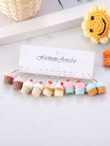 5对逼真水果主题耳环套装 - 3D巧克力、珍珠奶茶、蛋糕、披萨、香蕉、橙子、苹果吊坠、纸杯蛋糕、冰淇淋耳环，树脂食物造型首饰，女士礼物 - 彩色 - 查看 12