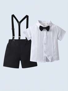 BOARNSEORL 2pcs Baby Boys Gentleman Set, Short Sleeve Shirt With Bowknot And Shorts Overall, Stylish And Elegant For Banquet, Party, Birthday, Performance And Everyday Outings - Black - View 2