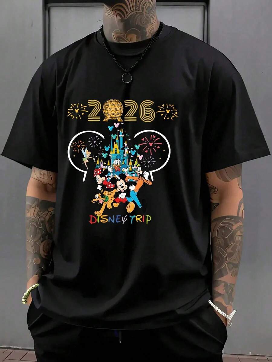 Licencia oficial de Disney. 1pc Hombre y Mujer T-shirt de manga corta blanca temática de viaje 2026 para hombres y mujeres, ocio diario, fuera de la calle, superatmósfera - Negro - Ver 1