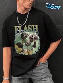 Disney Men's Casual T-Shirt, Zootopia Flash The Sloth Collage Print, Retro Style, Soft Fabric, Perfect For Humor Lovers - Black - View 1