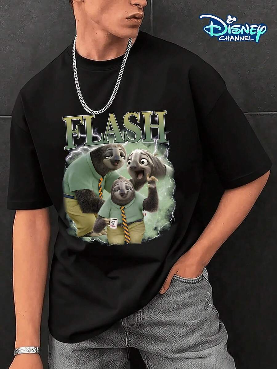 Disney Men's Casual T-Shirt, Zootopia Flash The Sloth Collage Print, Retro Style, Soft Fabric, Perfect For Humor Lovers - Black - View 1