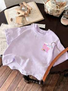 女童休闲趣味印花圆领短袖T恤，夏季上衣 - 淡紫色 - 查看 5