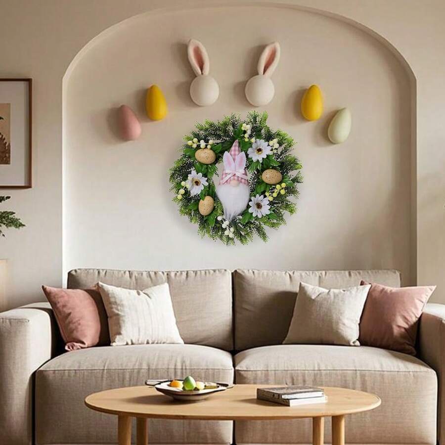 15.75 Inch Easter Wreath With Colorful Eggs & Flowers - Artificial Spring Decorative Door Wreath For Indoor Outdoor Wall Mantel Wedding Party Decor, Easter Holiday Gift - Xanh lá và Hồng - Xem 1