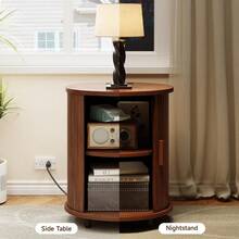 ONBRILL Fluted Round End Table Set Of 2, Mid Century Bedside Table With Sliding Door & 2 Tier Storage, Modern Nightstands Set Of 2 For Living Room, Bedroom, Entryway, Walnut - Xem 7