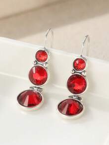 Boucles d'oreilles pendantes rondes géométriques rétro minimalistes, incrusté de zirconium synthétique rouge. Bijoux exquis et charmants pour femmes, convenant pour un port quotidien et en cadeau - Rouge - Voir 6