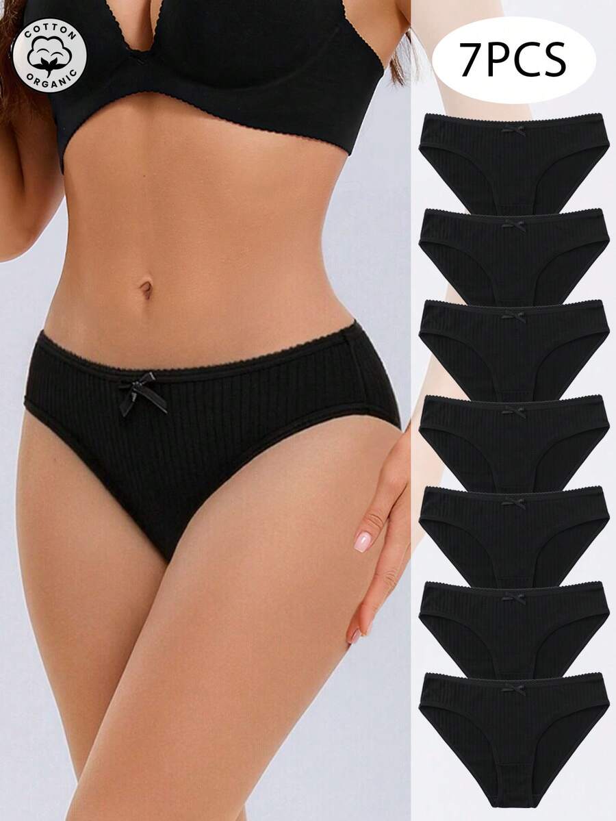 7Pcs/Set Women's Cotton Underwear Panties Low-Rise Soft Comfortable Breathable Ladies Briefs Lingerie - 黑色 - 查看 1