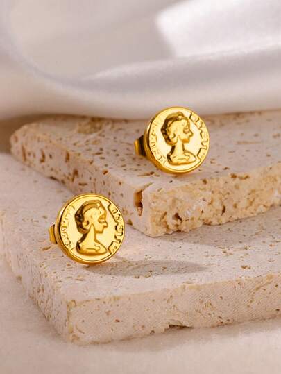 1对极简圆形人像太阳耳钉，女士金色不锈钢几何耳钉，婚礼派对珠宝礼物