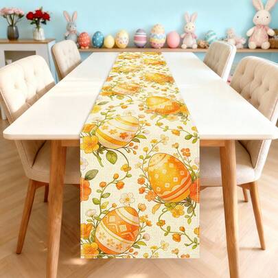 1pc Easter Theme Yellow Floral & Egg Pattern Polyester Rectangular Table Runner, Single-Sided Printing, Suitable For Home Kitchen Dining Room Indoor/Outdoor Decor, Great For Holiday Gatherings And Celebrations