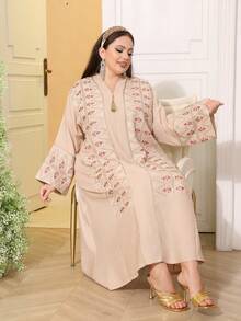 2026新款斋月传统优雅刺绣串珠金色连衣裙，V领流苏奢华端庄阿拉伯女装 JALABIA - 杏色 - 查看 11