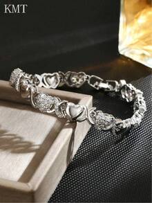 1pc Elegant Couple Bracelet, Copper Inlaid Zirconia, Exquisite Heart-Shaped Splicing, High Luster, Luxury Women Tennis Bracelet, Gift For Friends - Love Model - View 4