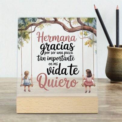 2D Flat, 1pc Spanish Acrylic Nameplate With Wooden Base Desktop Decor, Sister Style, Desktop Decoration, Suitable For Birthday, Wedding, Anniversary, Travel Gifts And Decoration, 2D Flat