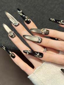 10片手工加长棺材形/椭圆形/尖头美甲贴纸，适合派对和日常佩戴，“金色盛宴”复古大理石纹、裂纹、钻孔裂纹和闪亮猫眼图案，加长棺材形/椭圆形/尖头美甲贴纸，易于粘贴，10片Y2K风格手工美甲贴纸，适合女孩和女士参加派对和日常佩戴 - 玫瑰金 - 查看 4