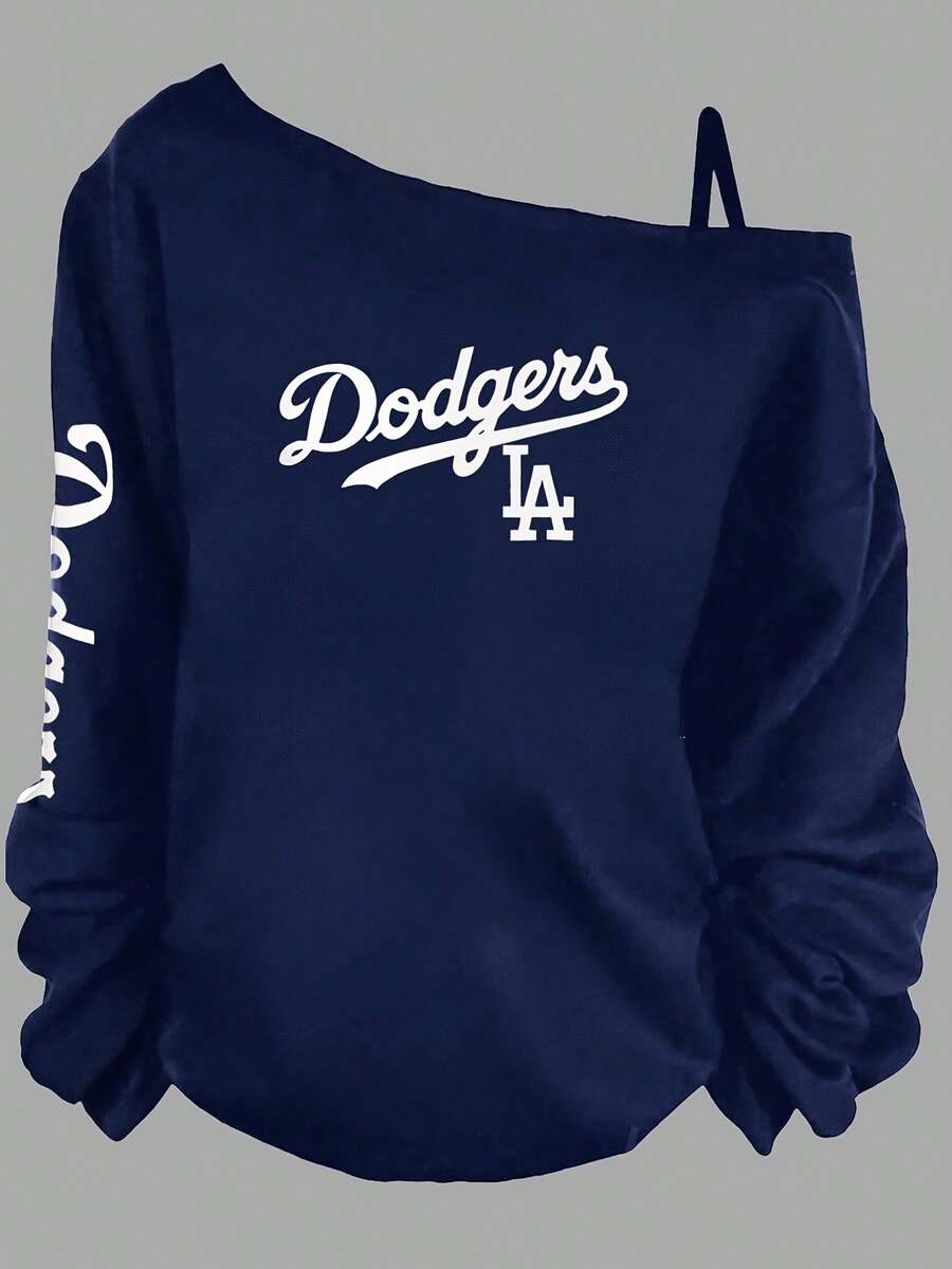 Dodgers LA Baseball Team Off - The - Shoulder Long - Sleeve Sweatshirt, Stylized 'Dodgers' Cursive Text & 'LA' Logo, Wrist - Gathered Loose Casual Top With Right Strap Detail, Gray Background Plain Style2026 - 藏蓝色 - 查看 1