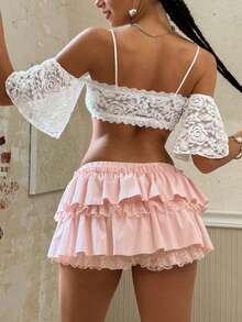 白色玫瑰蕾丝露肩短款上衣，细肩带设计，露背，荷叶边装饰，优雅休闲风格，适合夏季外出、海滩度假、派对之夜、简约日常穿着，波西米亚风情。 - 白色 - 查看 3