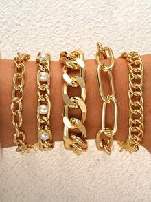 5Pcs Simple Punk Chunky Chain Bracelet Set Metal Link Chain Combo, Ensemble With Rope, Snake, And Twisted Designs Multi Layered Bracelet Women's Holiday Dating Gift Daily Matching - Gold 4 - View 2