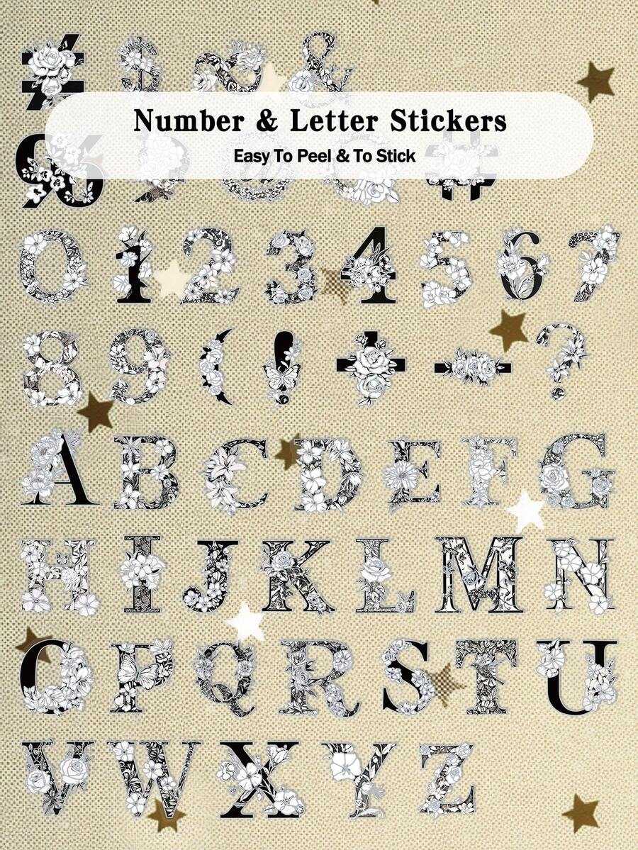 50张数字字母贴纸 银色烫金贴纸 适用于笔记本电脑包、日记本、剪贴簿装饰 透明贴纸 - 花卉字符 - 查看 1