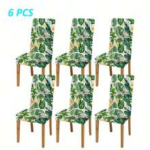 1/4/6pcs Green Leaf Print Chair Covers, High Stretch Removable & Washable Milk Silk Chair Slipcovers - Multicolor - View 9