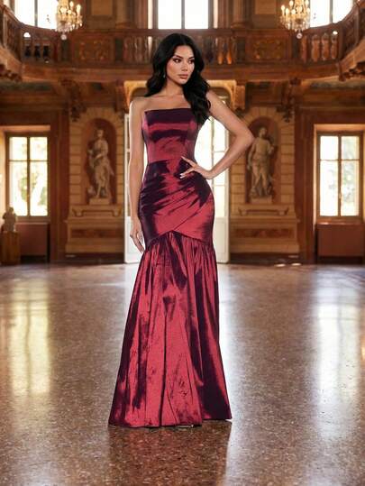 Wine Red Sexy Strapless Woven Tie-Up Asymmetrical Long Evening Gown