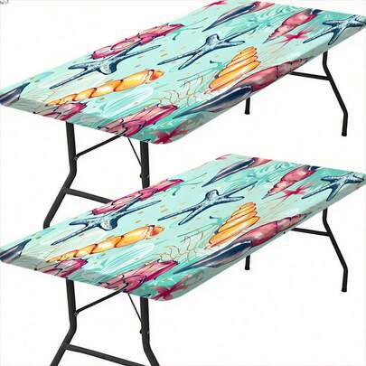 1pc Waterproof Outdoor Tablecloth With Elastic Edge - Ideal For Camping, Picnics And Garden Parties - Durable Polyester With Purple Jellyfish Ocean Life Print Pattern, Suitable For Holiday Parties, Outdoor Decor, Dining Table Decor, Daily Decor