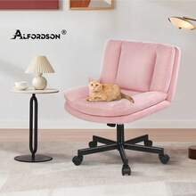 ALFORDSON Office Chair With Wide Seat And Crossed Legs, Adjustable Office Chair Without Armrests With Casters, Swivel PC Computer Chair With Crossed Legs For Home, Linen Fabric, Black - Pink - View 11