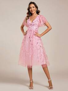 EVERPRETTY Elegant Butterfly Sleeve Sequin Floral Wedding Guest Dress, Pink Formal Evening Gown, Suitable For Party & Banquet, Spring/Summer - Pink - View 5