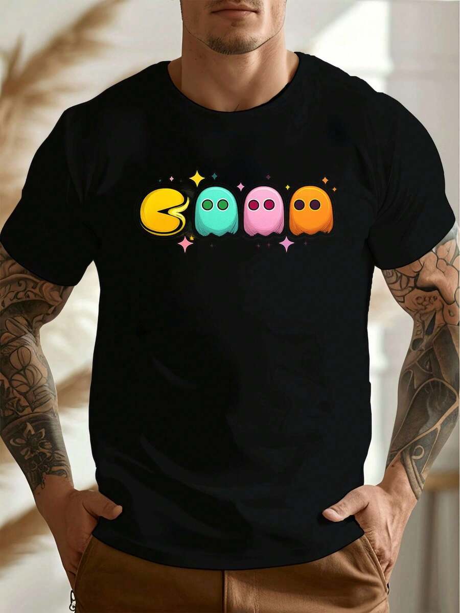Camiseta con estampado Retro Pixel Ghost, confeccionada en material de alta calidad, corte holgado, estilo casual y cómodo. - Negro - Ver 1