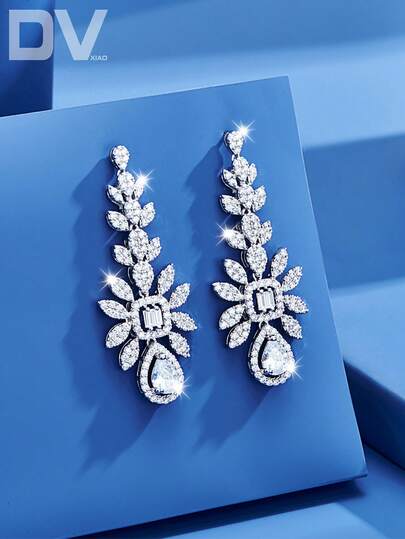 DV JEWELRY 一对奢华立方氧化锆镀白金吊坠耳环，优雅珠宝礼品，适合女士佩戴，适用于约会、婚礼、派对、周年纪念等场合，附赠礼盒