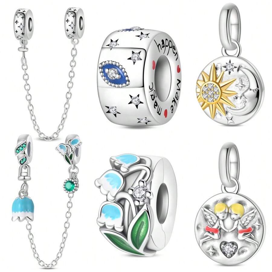 1 Silver Plated Angel Flower Safety Chain Buckle Pendant Suitable For Original 3mm Bracelet Bracelet DIY Bead Women's Fashion Jewelry Holiday Birthday Gift - Multicolor - View 1