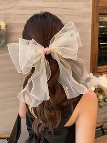 1pc Women's Rhinestone Bowknot Hair Clip, Suitable For Daily And Holiday Wear - Beige - View 2