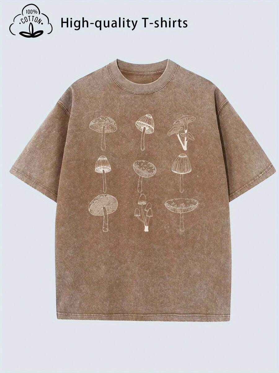 Summer Tops2026Women'S Vintage Distressed Oversized T-Shirt - Heavyweight Soft Washed Texture, Loose Fit Round Neck Short Sleeve With Retro Mushroom & Forest Print - Casual Casual Attire, All-Season Comfort, S-XXL Sizes (Grey/Beige) - Breathable Layered Outfit Essential For Women'S Fashion, Street Retro Style Geometric Pattern, Relaxed Fit, Machine Washable, Minimal Shrinkage, Vintage-Inspired Design With White Mushroom & Tree Print, Oversized Relaxed Fit For Layering, Oversized Women'S, Tsummer Clothes Washed Cotton - 咖啡色 - 查看 1