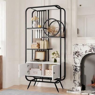 Metal Shelving Unit 80 X 30 X 180 Cm, White Storage Unit With Double Doors, Three Shelves, Black Metal Frame, Tall Metal Legs, Round Decoration, White And Black