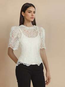 Women's Elegant Sheer Water-Soluble Lace Petal Sleeve Fitted Blouse, Summer - Beige - View 4