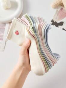 5双装女士可爱甜美透气樱桃熊、心形草莓、蝴蝶结图案短袜，隐形袜，白色袜子，粉色袜子，适合日常休闲穿着，四季皆宜 - 彩色 - 查看 5