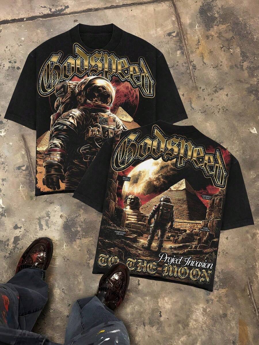 Godspeed To The Moon Astronaut Space Distressed Oversized Graphic Tee Men's Short Sleeve Pure Cotton T-Shirt Loose Fit, Y2K Streetwear Vintage Casual Pyramid Aesthetic Baggy 100% Cotton Pullover Gift - 黑色 - 查看 1