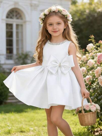 Little Girl Elegant White Bow Princess Dress, Suitable For Flower Girl, Wedding, Prom, Party, Communion, Birthday, Bridal, Graduation, Summer Formal