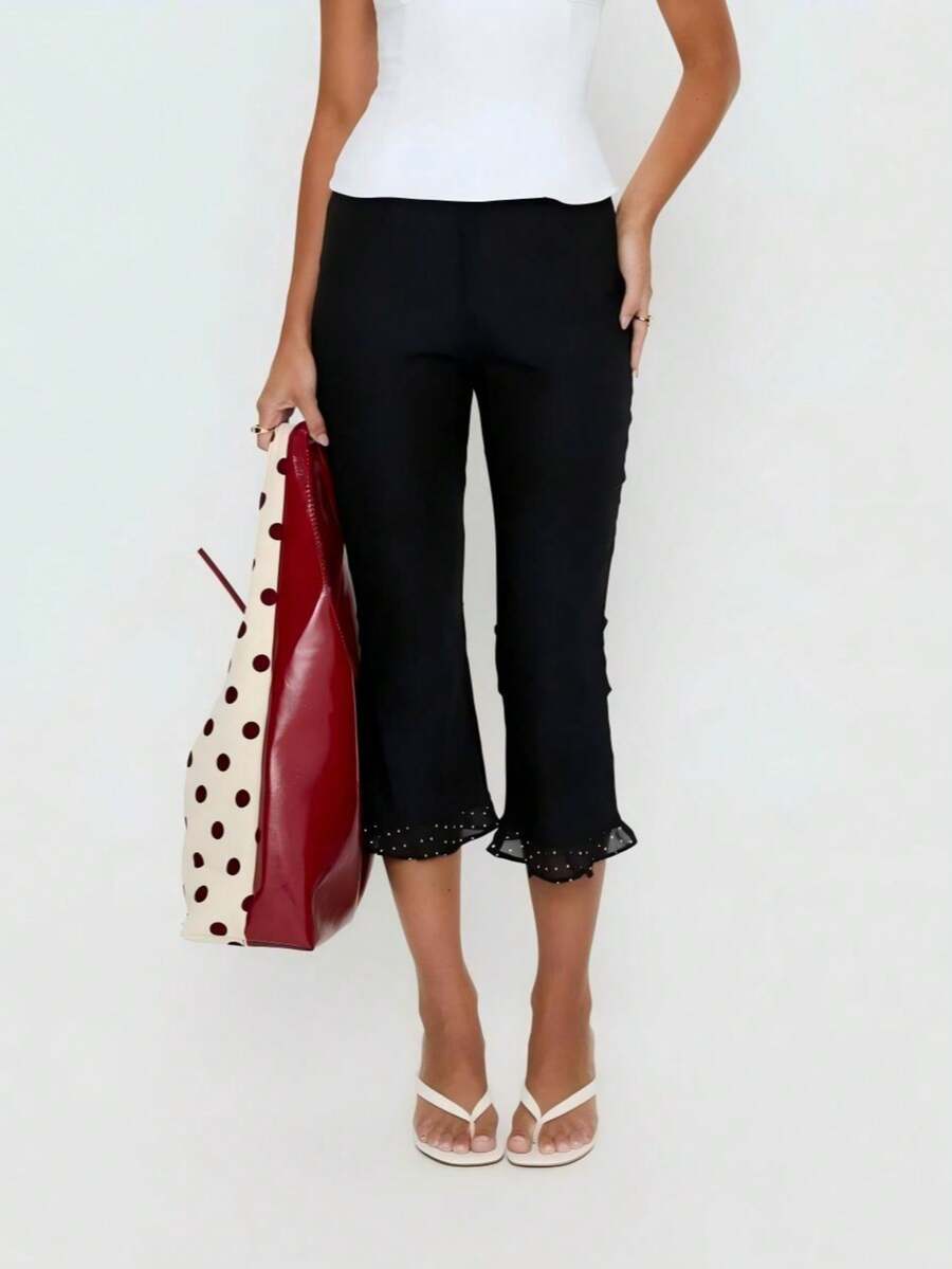 黑色波点纯色拉链褶裥裤脚修身七分裤，春夏办公及度假休闲裤 - 黑色 - 查看 1