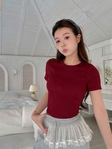 Women's Basic Versatile Red Minimalist Street Style Casual Commute Personalized Y2K Fitted Crew Neck Short Sleeve T-Shirt Top, Spring/Summer - Red - View 2