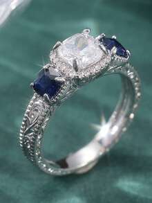 Classic Fashionable Blue & White Cubic Zirconia Ring, Perfect Accessory For Women's Wedding Jewelry And Anniversary Gift - Blue - View 9