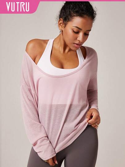 VUTRU Oversized Scoop Neck Long Sleeve Sports T-Shirt, Semi-Sheer Ballet Yoga Fitness