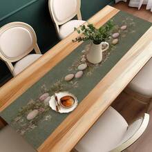 1pc Table Runner,Table Cover,Easter Eggs And Nest Pattern Design With Floral Elements,Green Tone,For Easter,New Year's Day,Valentine's Day,Mother's Day,Father's Day And More,Suitable For Home,Restaurant,Cafe,Kitchen,Dining Table,Coffee Table,Buffet Table - Green - View 3