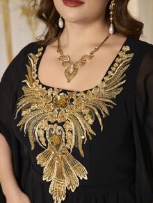SUPGIR Square Neck Dress With Extra Long Flared Sleeves, Decorated With Heavy Gold Sequins, Waist Cinched, Flared Dress, Elegant Formal Gown Wedding Black Spring Party - Black - View 2
