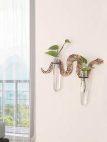1 pieza Estantería decorativa de pared de madera natural con diseño de flores, decoración de pared botánica minimalista con tubo transparente, forma ondulada de estilo granja moderna con detalles florales grabados, exhibición de plantas de pared montada que ahorra espacio para propagación de esquejes y pequeñas plantas verdes, accento decorativo funcional de pared para sala de estar, dormitorio, baño, entrada, cocina, oficina, apartamento, decoración del hogar - serpiente - Ver 7