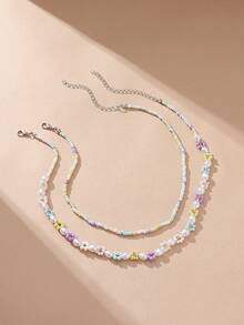 2pcs Bohemian Chic Beaded & Pearl Flower Necklace Set, Handmade Jewelry Suitable For Vacation & Daily Wear - Multicolor - View 5