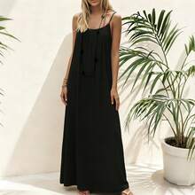 Women's Sexy Spaghetti Strap Dress Solid Backless Adjstable Loose Sleeveless Casual Knee Dress Summer Beach Casual Long Dress  Pocket    Sleeveless    Long - màu đen - Xem 4