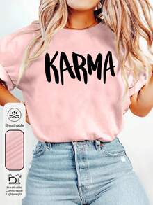 女士每日业力字母图案圆领短袖休闲夏季粉色上衣 - 粉色 - 查看 2