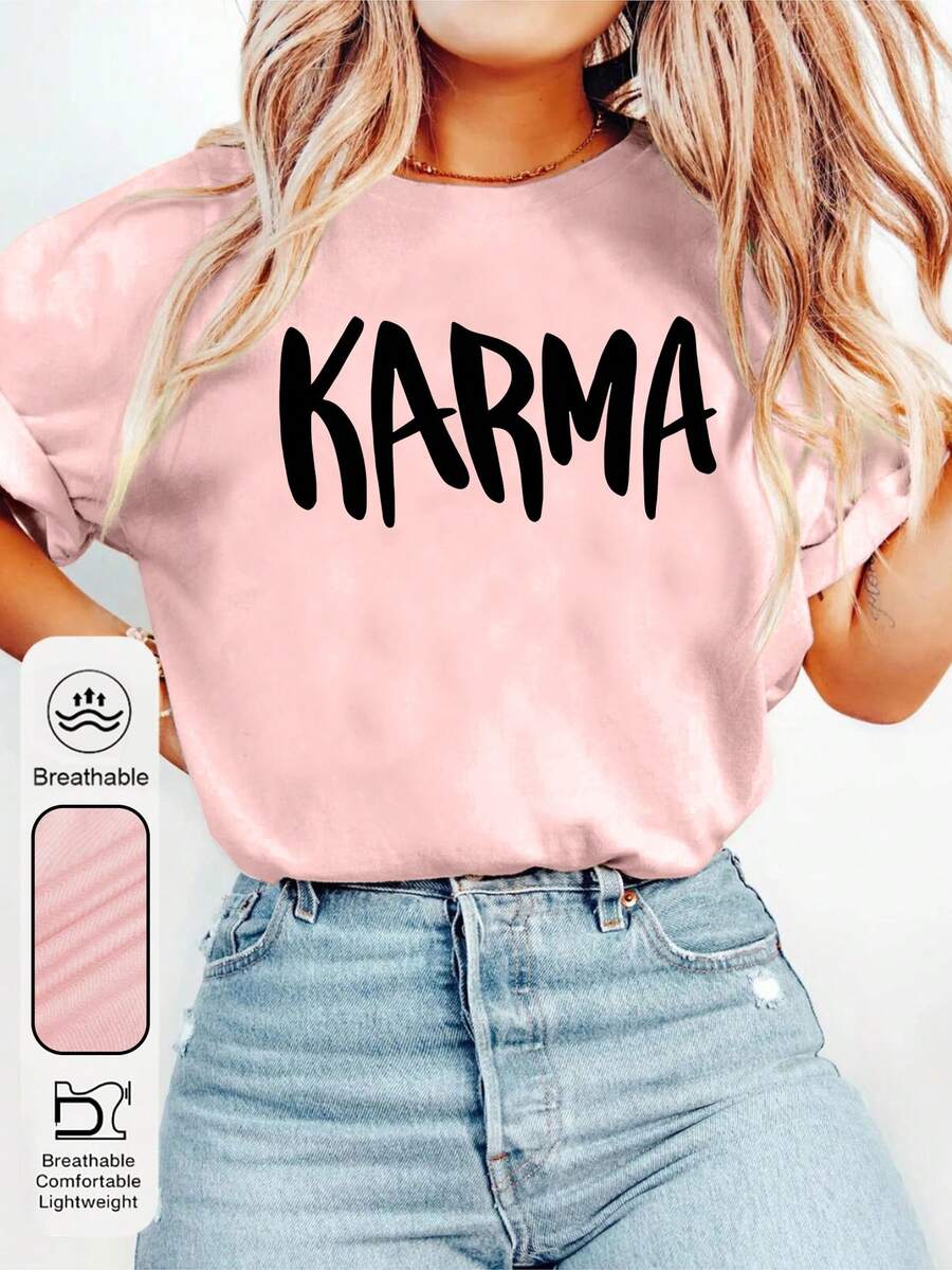 Women's Daily Karma Letters Graphic Crew Neck Short Sleeves Casual Summer Women's Pink Tops - Pink - View 1