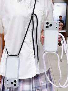 Funda de teléfono con cordón bandolera compatible con iPhone 17 Pro Max, 17 Pro, 17, 16 Pro Max, 16 Pro, 16, 15 Pro Max, 15 Pro Max, 15 Pro, 15 Pro Max, 14 Pro, 13, 12 Pro Max, 11, con protección de cámara, a prueba de golpes, funda transparente suave - Concha transparente + cuerda blanca - Ver 2